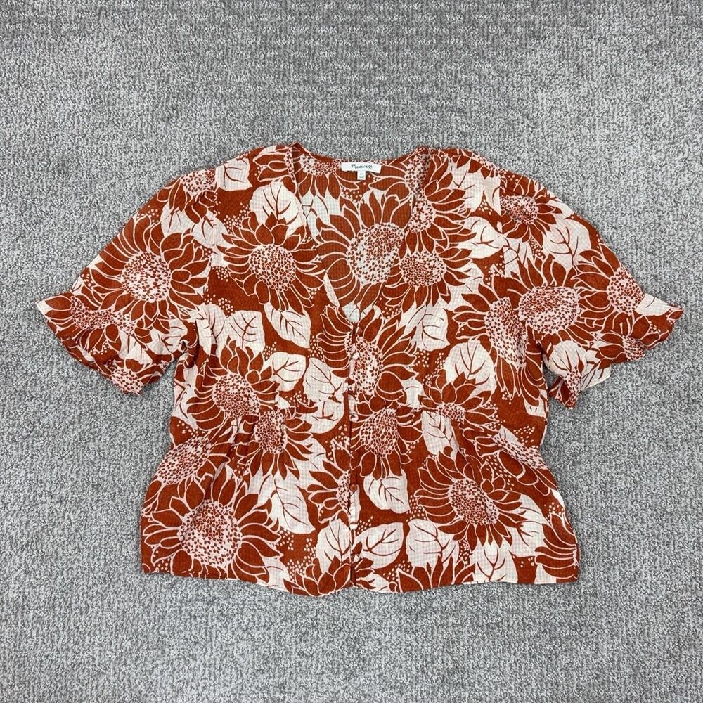 Madewell Top Womens 12 Brown Sunflower Silk Sheer Blouse Floral Summer Boho